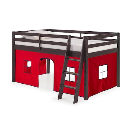 Alaterre Furniture Roxy Twin Wood Junior Loft Bed with Espresso with Red and Blue Bottom Tent AJRX10P0ATRBL